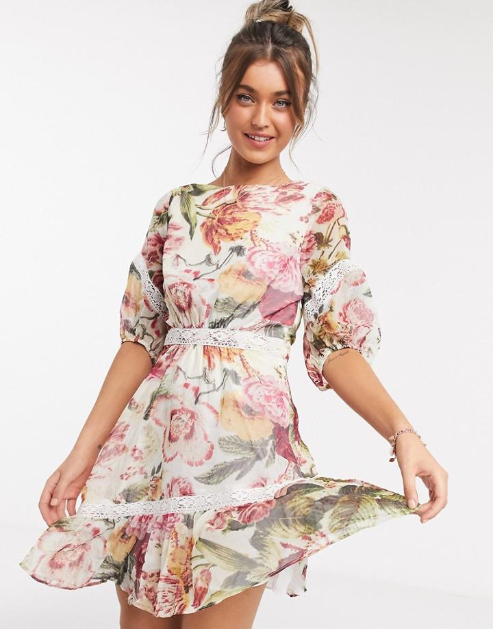 Hope & Ivy Ruffle Hem Mini Dress With Open Back In Floral-multi