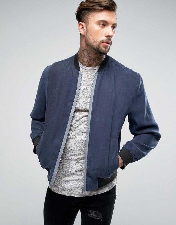 Religion Bomber Jacket With Silk Cotton Mix - Navy