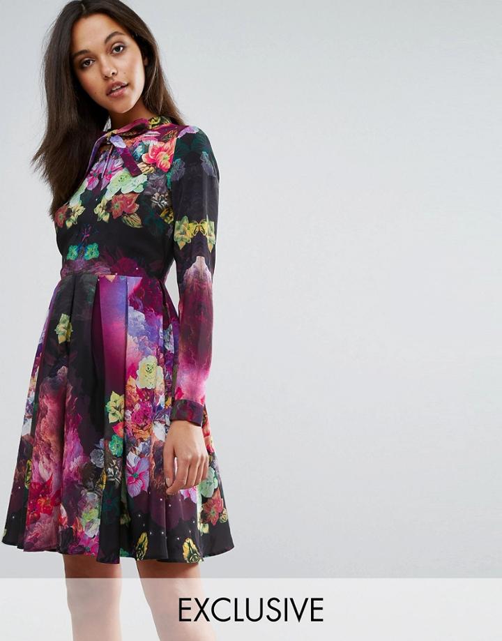 Skeena S Chiffon Tea Dress In Floral With Pussy Bow - Multi