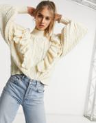 Vila High Neck Chunky Knit Sweater With Frill Detail And Balloon Sleeve In Cream-white