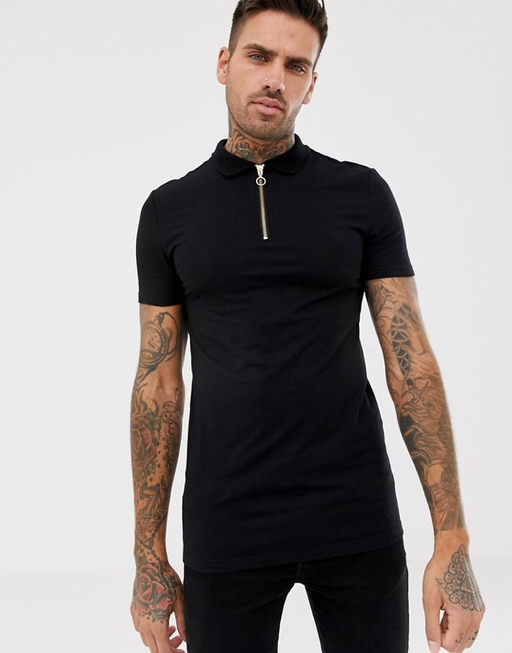 Asos Design Muscle Fit Polo With Zip Neck In Black - Black