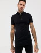 Asos Design Muscle Fit Polo With Zip Neck In Black - Black