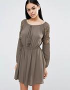 Pussycat London Skater Dress With Tie Detail And Lace Sleeves - Green