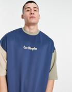 Asos Design Oversized T-shirt In Navy Color Block In Scuba With Los Angeles City Print