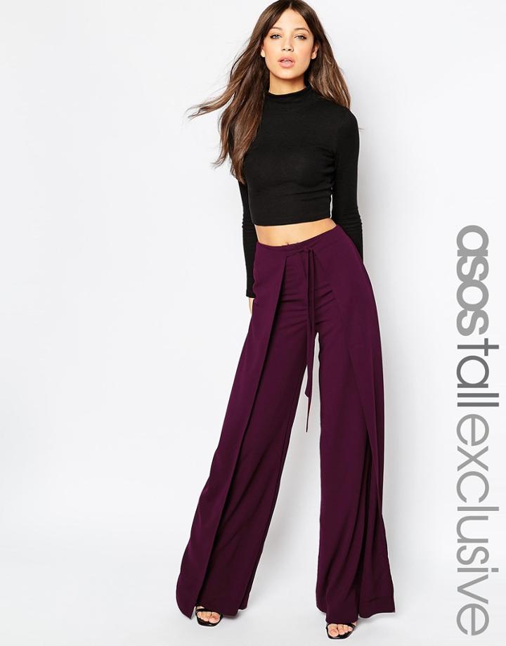 Asos Tall Wrap Front Wide Leg Pant - Wine