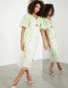 Asos Edition Embroidered Organza Midi Dress With Puff Sleeves In Washed Lime-green