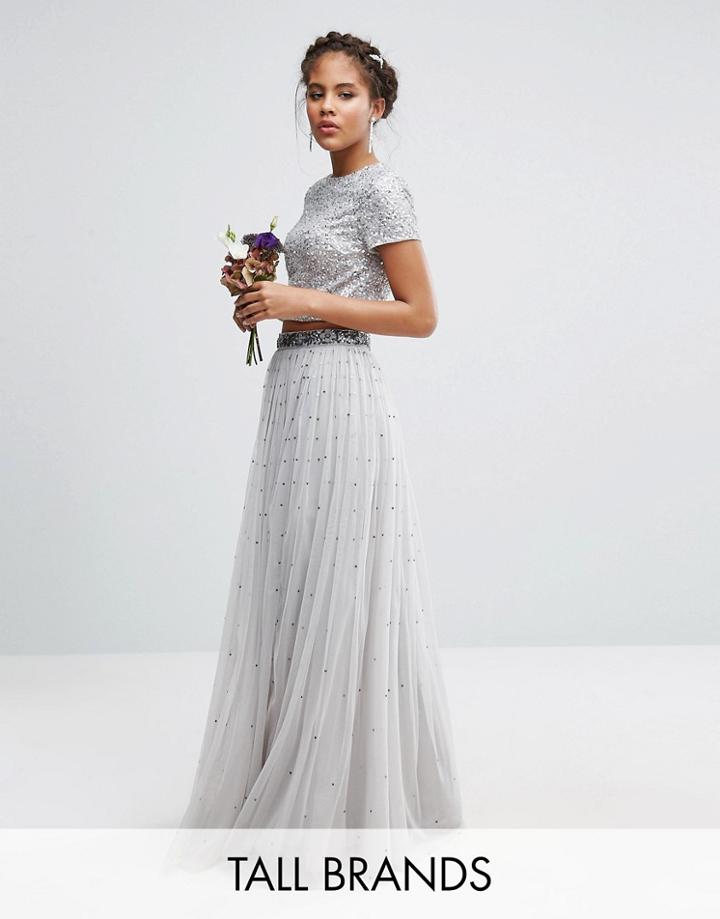 Maya Tall Sequin And Tulle Maxi Skirt Co-ord - Gray