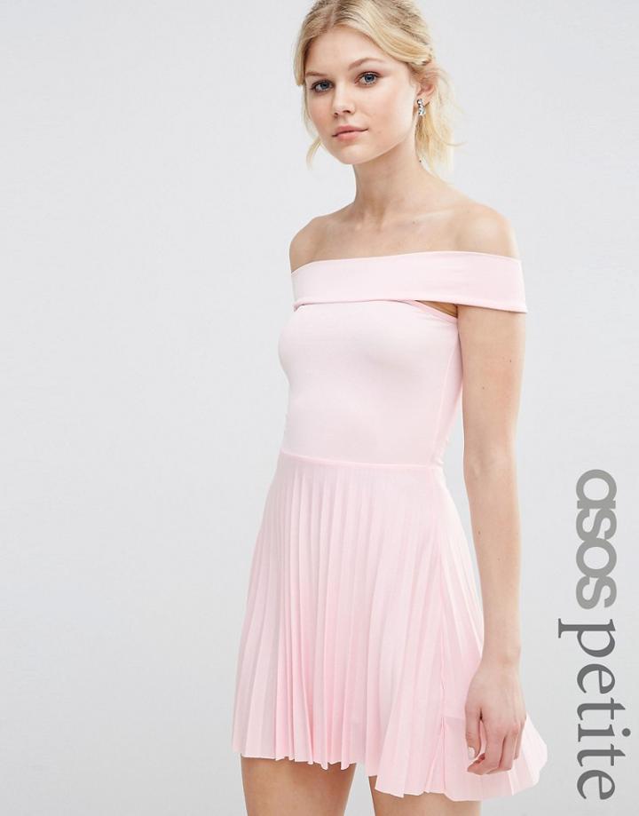 Asos Petite Off The Shoulder Bardot Pleated Mini Dress - Nude