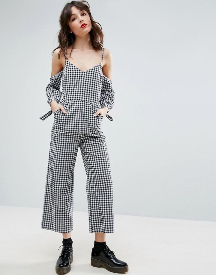 Asos Cold Shoulder Jumpsuit In Cotton Gingham Print - Multi