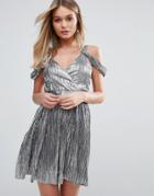 Oh My Love Metallic Cold Shoulder Mini Dress - Silver