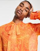Asos Design Paisley Satin Shirt With Pussybow Tie Neck And Blouson Sleeves-orange