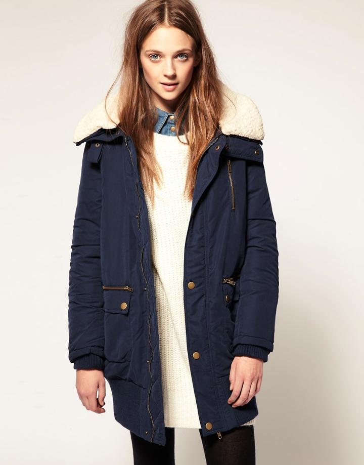 Vila Fur Funnel Collar Cocoon Coat - Blue