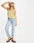 Vila Coordinating Cami Top With Button Through And Ruffle Detail In Lime Dot-green