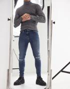 Asos Design Spray On 'vintage Look' Jeans With Power Stretch In Dark Tint With Knee Rips-blues