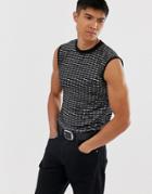 Asos Design Muscle Tank Tank With Stretch In Embellished Fabric In Black - Silver