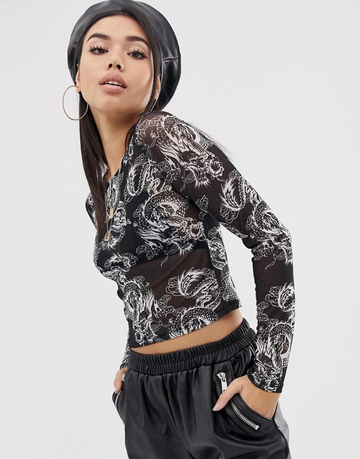 Asos Design Long Sleeve Mesh Top In Dragon Print - Black
