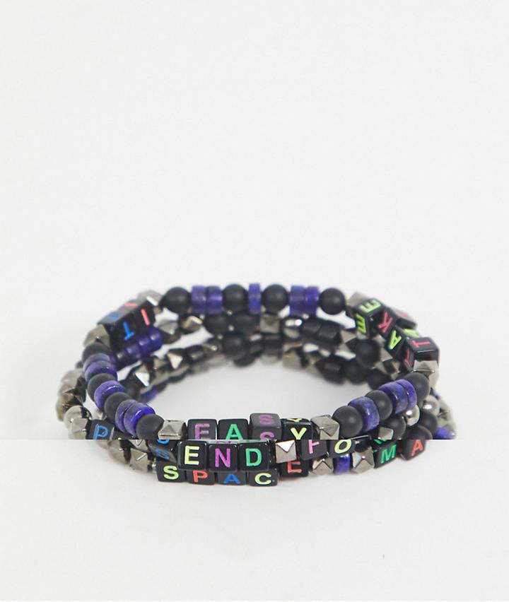 Asos Design Beaded Kitsch Style Bracelets With Text In Black