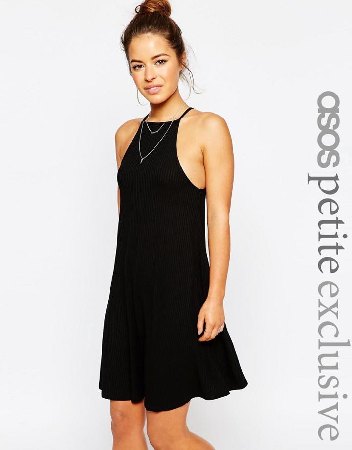 Asos Petite High Neck Swing Dress In Rib - Black