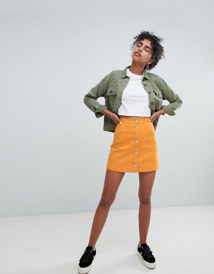 Monki Button Up Denim Skirt In Mustard - Yellow