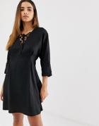 Asos Design Mini Dress In Linen With Lace Up - Black