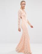 City Goddess Long Sleeve Open Back Lace Maxi Dress - Pink