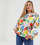 Asos Design Curve Long Sleeve Satin Top With Cowl Back And Volume Sleeve Detail In Floral Print - Clear