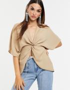 Asos Design Knot Front Top With Kimono Sleeve - Brown