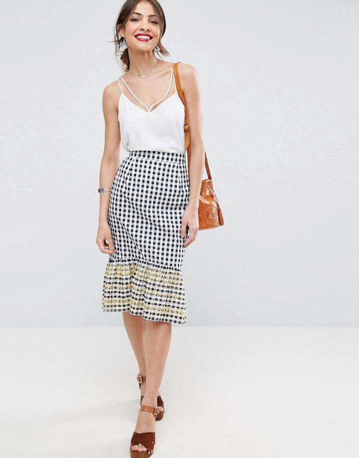 Asos Gingham Midi Skirt With Embroidered Hem - Multi