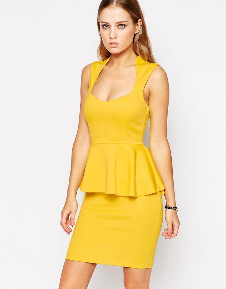 Ax Paris Plunge Front Midi Dress With Peplum - Yellow