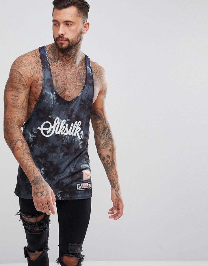 Siksilk Muscle Tank In Navy With Palm Print - Navy