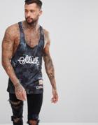 Siksilk Muscle Tank In Navy With Palm Print - Navy