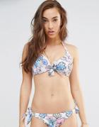 Asos Fuller Bust Exclusive Watercolour Floral Hidden Underwire Bunny Tie Front Bikini Top Dd-g - Watercolour Floral