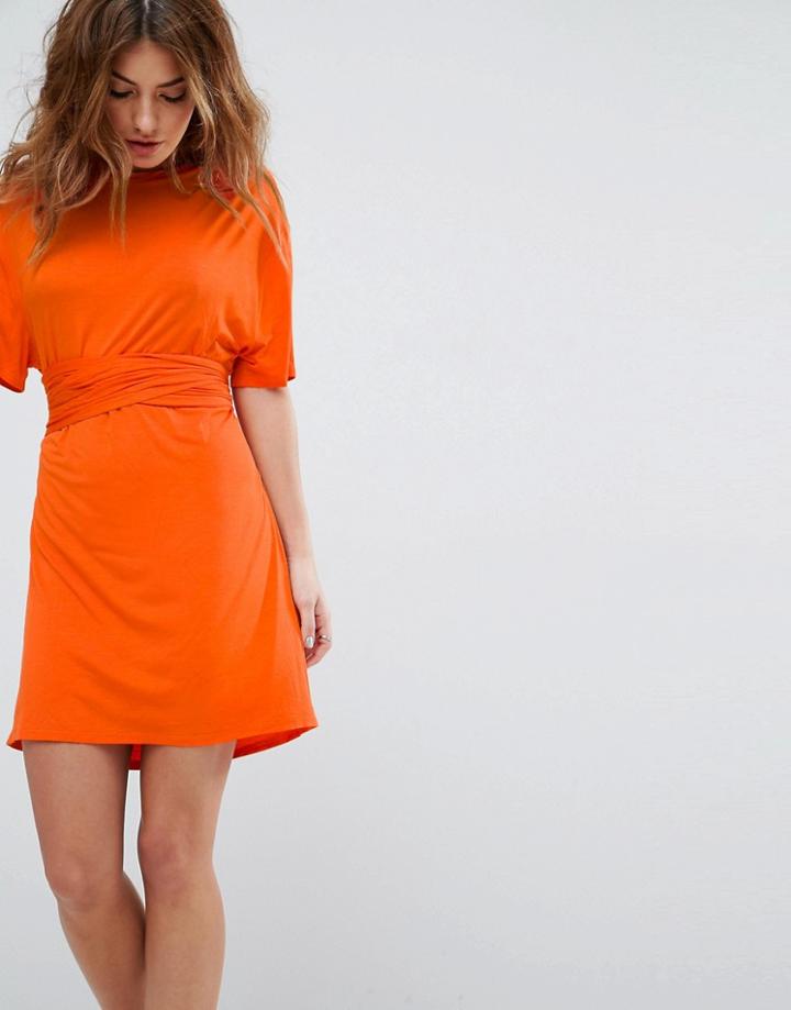 Asos Mini Dress With Self Tie Belt - Orange