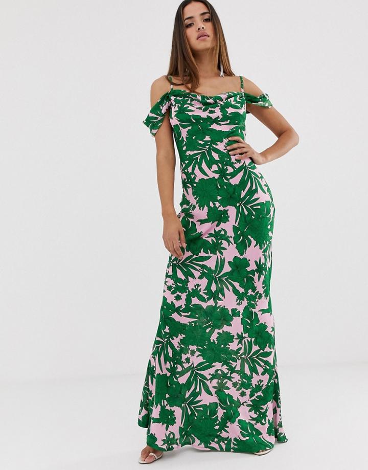 Club L Tropical Print Bardot Cowl Neck Maxi Dress-pink