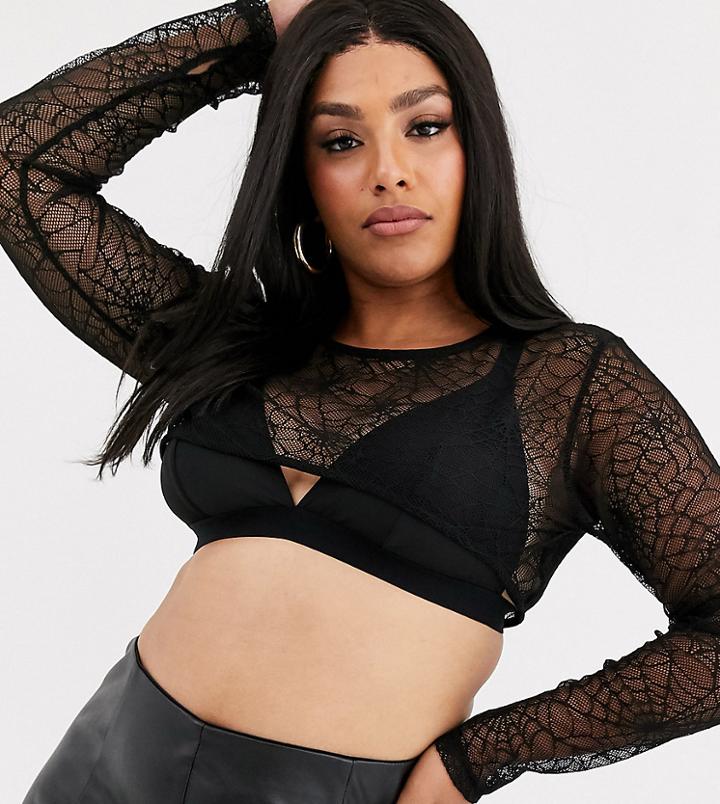 Asos Design Curve Halloween Cobweb Lace Super Crop Top In Black