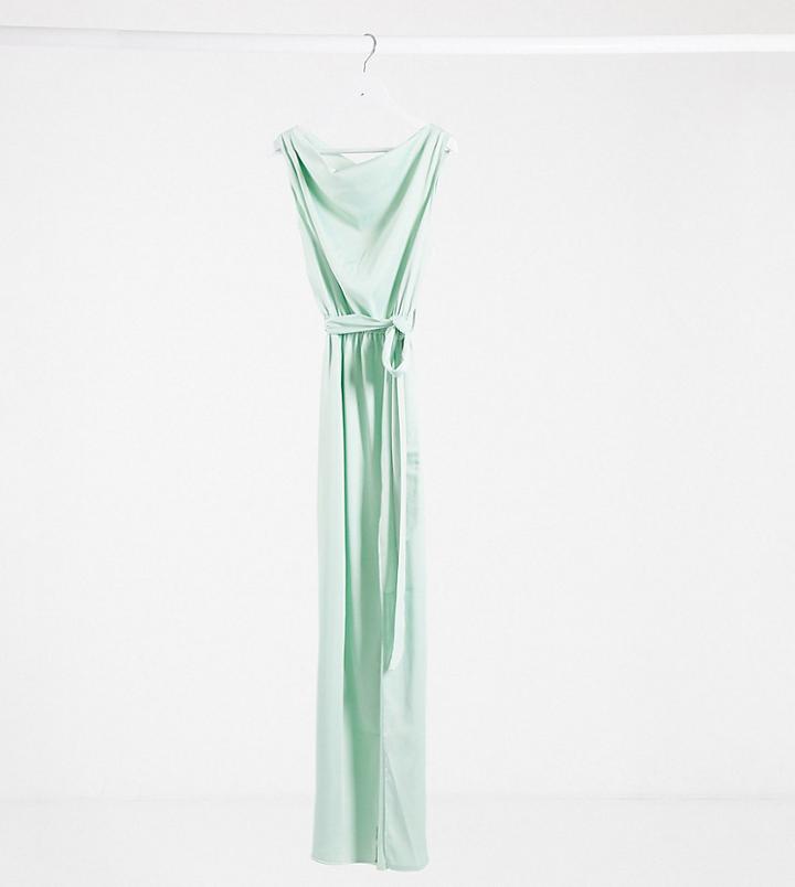 Flounce London Exclusive Satin Drape Shoulder Maxi Dress In Mint-navy