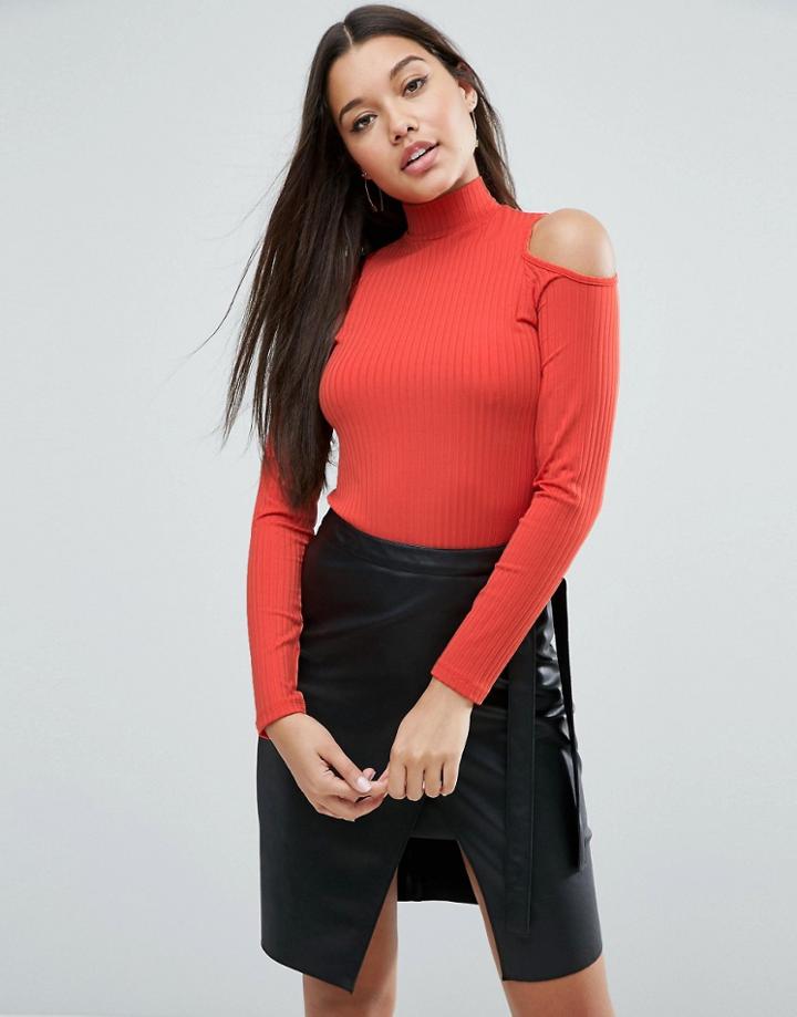 Asos Top With Cold Shoulder And High Neck In Clean Rib - Orange