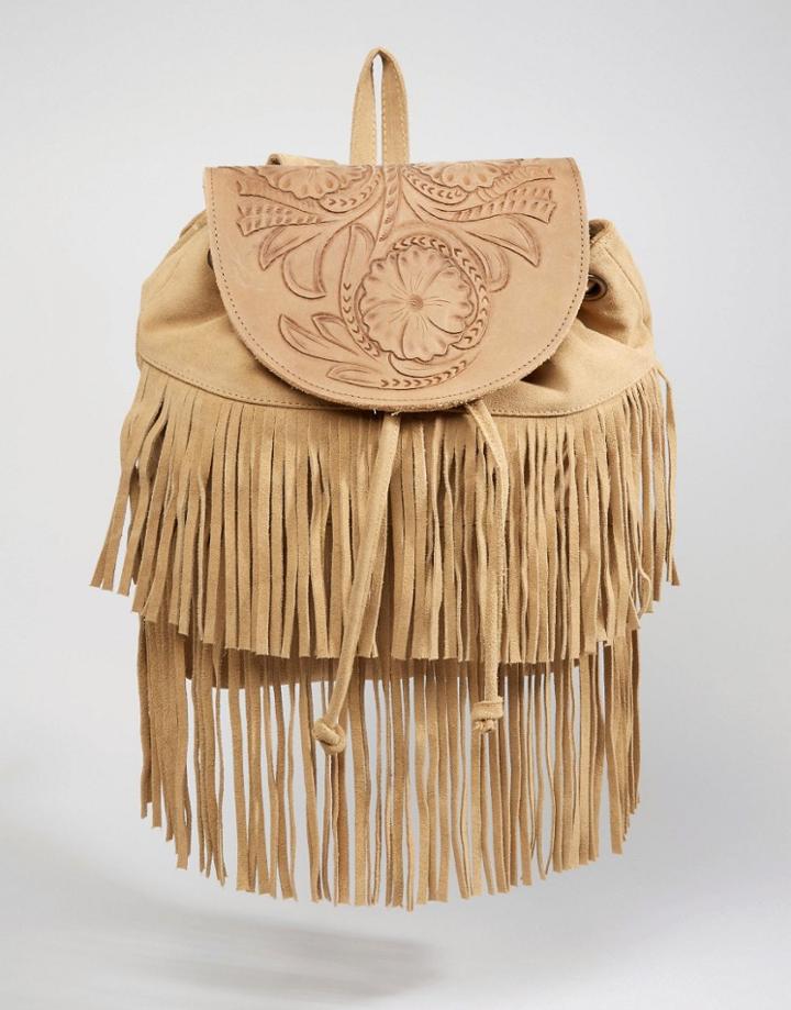 Asos Suede Fringe Backpack With Embossed Flap - Brown