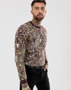 Asos Design Knitted Sweater With Leopard Design In Metallic Yarn-gold