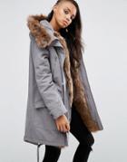 Asos Parka With Colored Faux Fur Liner - Gray