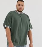 Asos Design Plus Organic Oversized T-shirt With Contrast Tipping In Pique In Khaki - Green