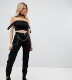 One Above Another Cuffed Cargo Pants With Chain Detail - Black