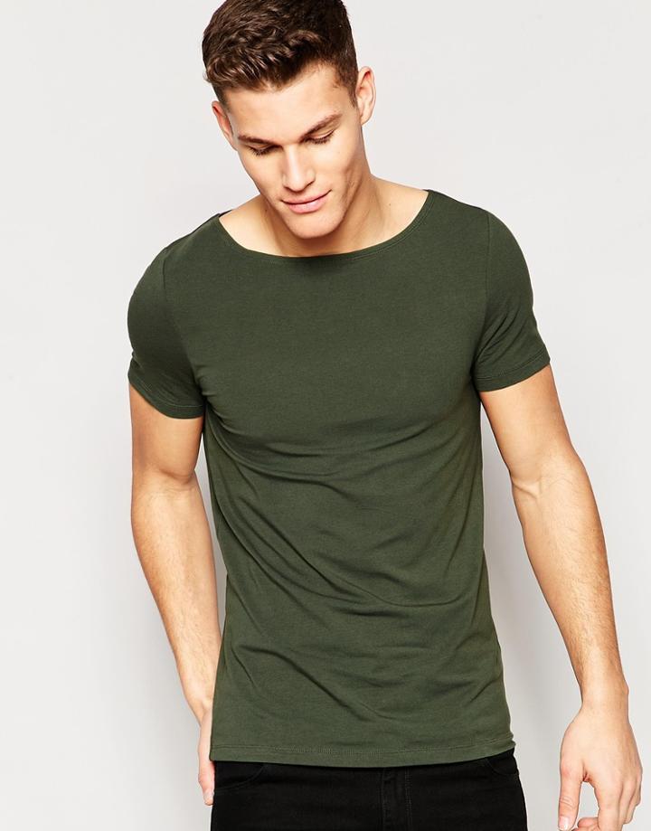 Asos Muscle T-shirt With Boat Neck In Green - Forest Night