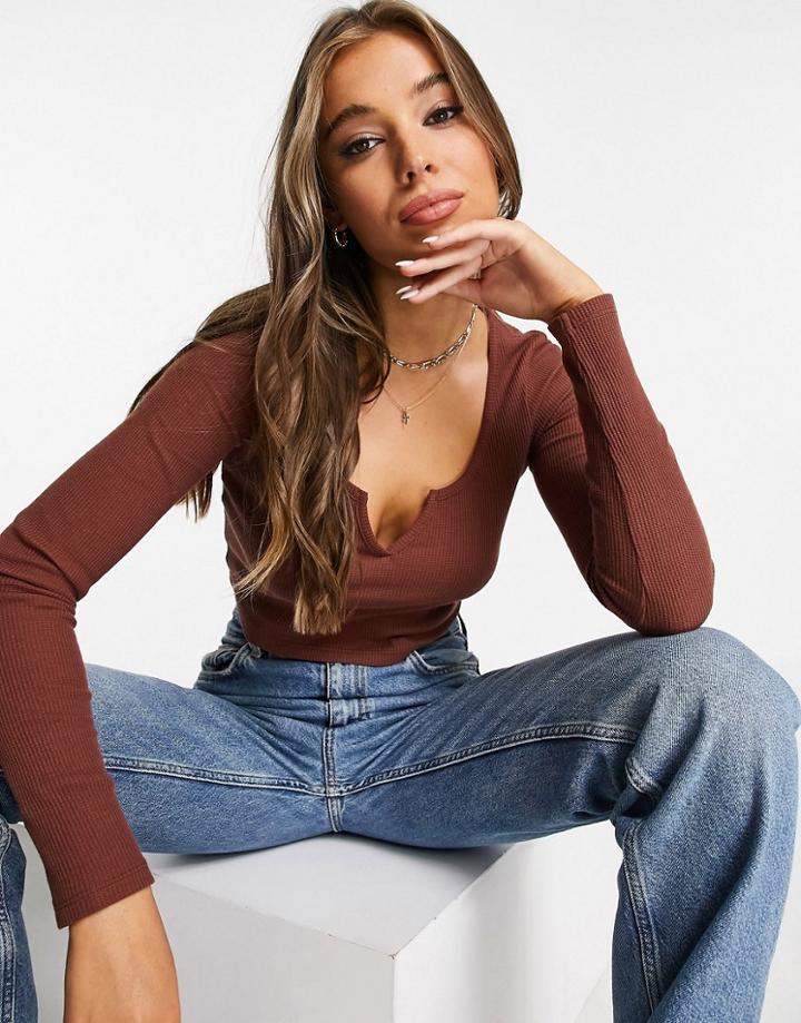 Asos Design Top With Notch Neck In Waffle With Long Sleeve In Brown