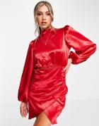 Flounce London Balloon Sleeve Wrap Mini Dress In Red