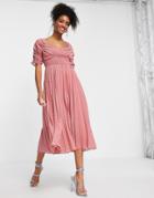 Asos Design Ruched Front Pleated Midi Dress With Shirred Waist In Chevron Texture In Tea Rose-pink
