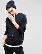 Asos Longline Sweatshirt With Distressing In Black - Black