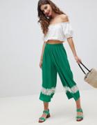 Asos Design Pleated Plisse Culotte Pants With Lace Insert - Green