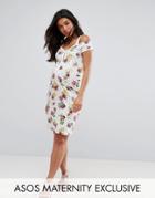 Asos Maternity Hook And Eye Floral Dress With Cold Shoulder - Multi