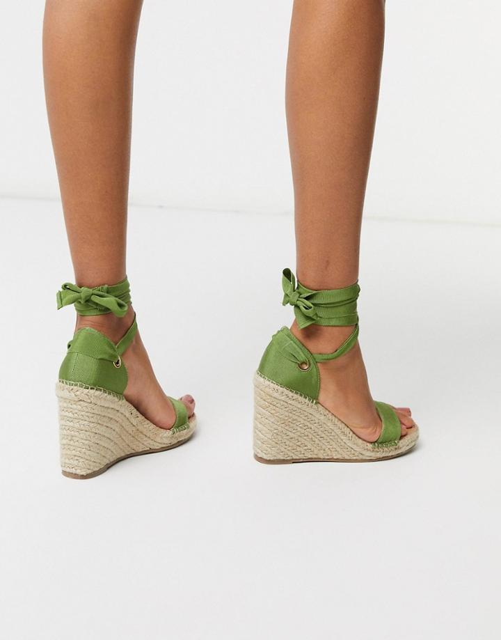 Asos Design Treat Tie Leg Espadrille Wedge Sandals In Khaki-green
